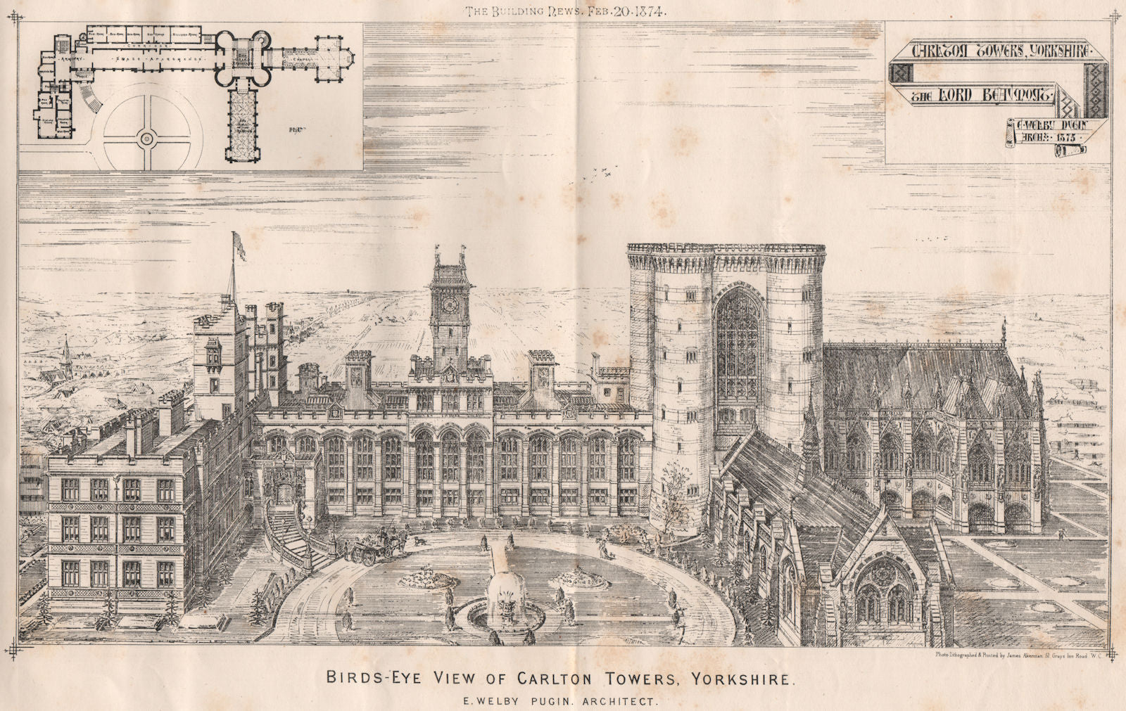 Birds-Eye View of Carlton Towers, Yorkshire; E. Welby Pugin, Architect 1874